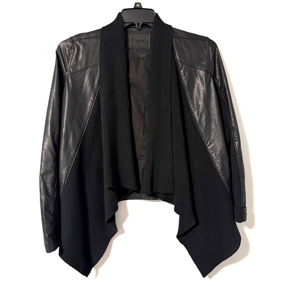 BlankNYC Womens Black Faux Leather Ribbed Sweater Knit Mixed Media Jacket Small‎